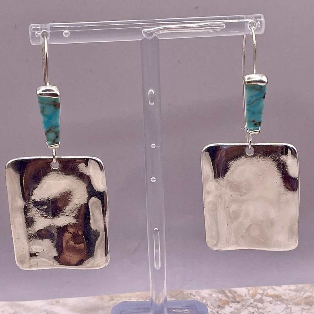 Robert Lee Morris SoHo Silver Tone Dangle Earrings w/Turquoise and Square Drop